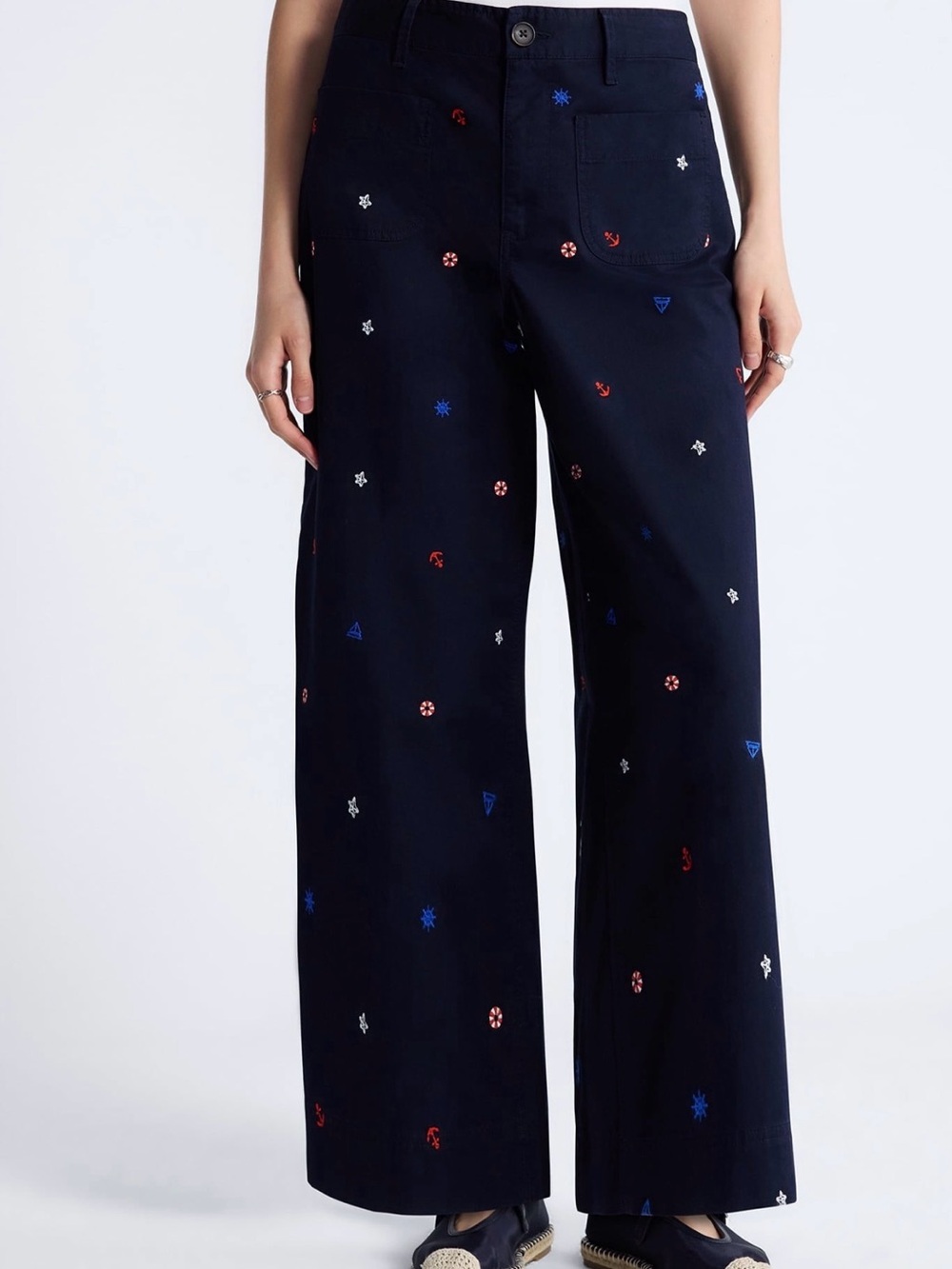 NWT Free Assembly Navy Nautical Embroidered High Rise Wide Leg Pants S 4-6